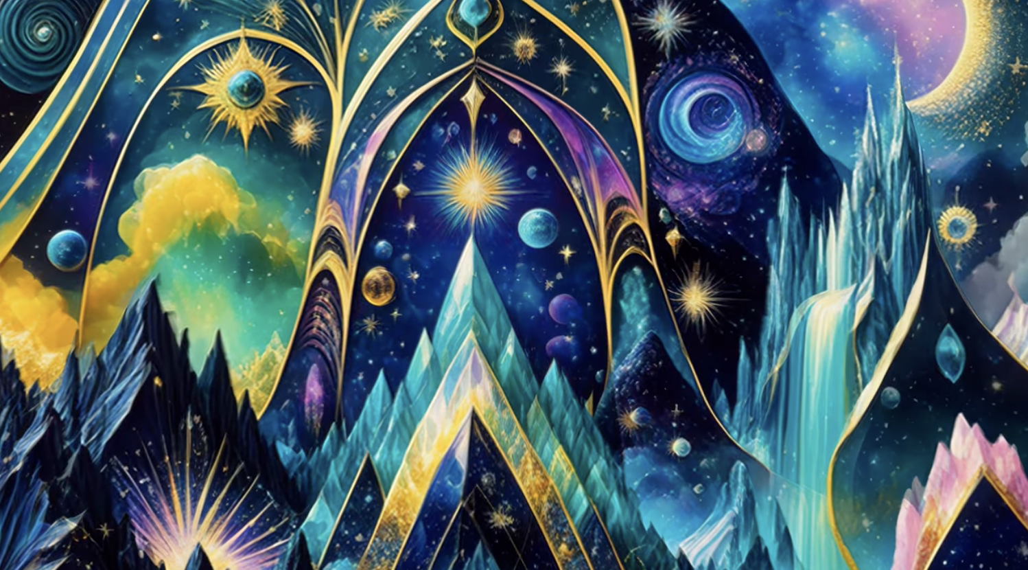 Geometric mountains and golden stars forming a sacred pattern, a key scene in these trippy cartoon visuals for shrooms.